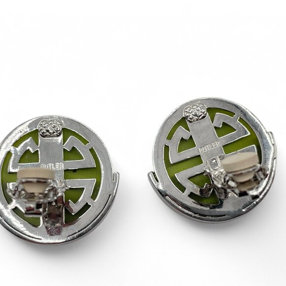 Vintage BUTLER 5th Ave Jade Glass & Pave Rhinestone Silver Tone Clip on Earrings - Picture 8 of 10
